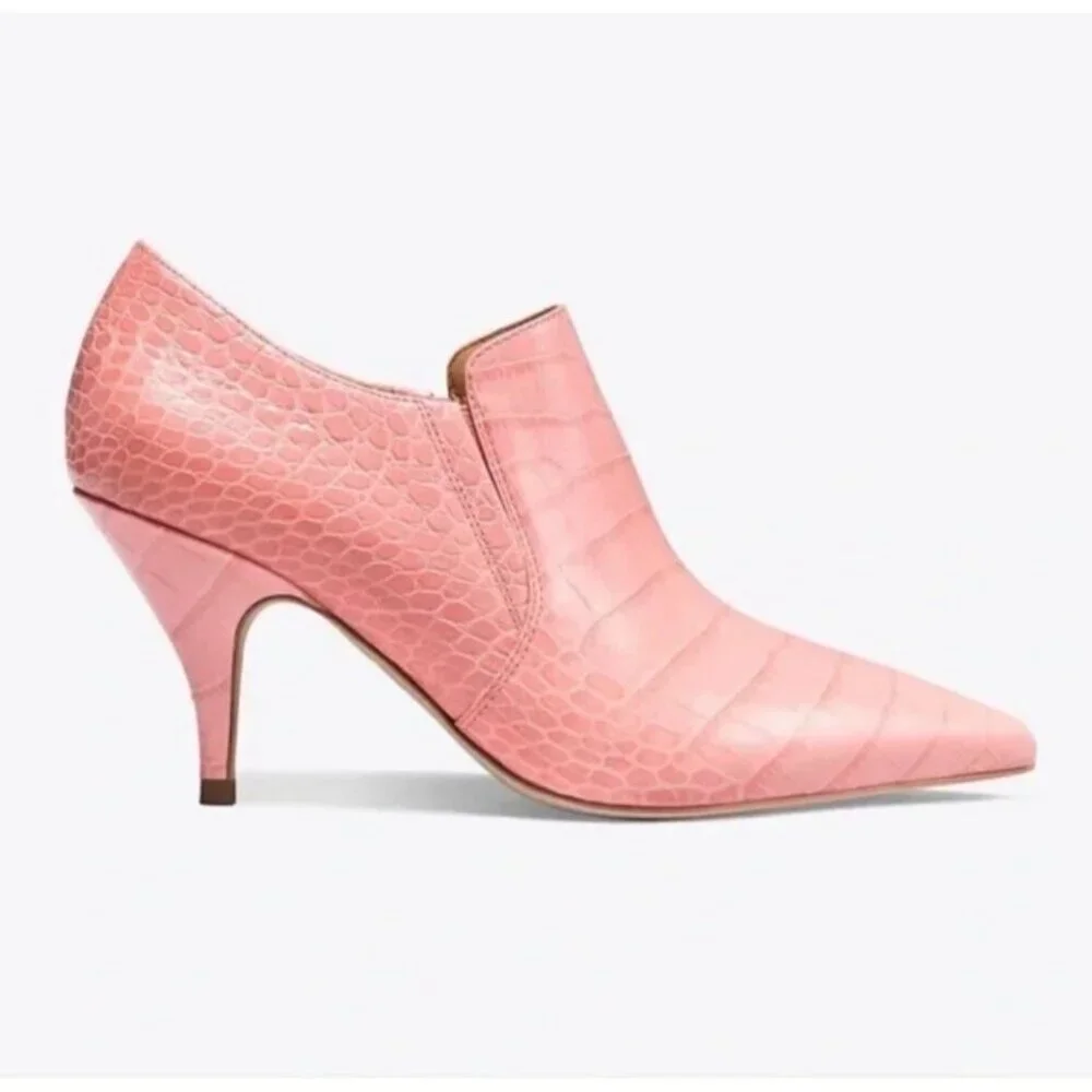 Tory Burch Pink Croc-Embossed Pointed Toe Ankle Booties
